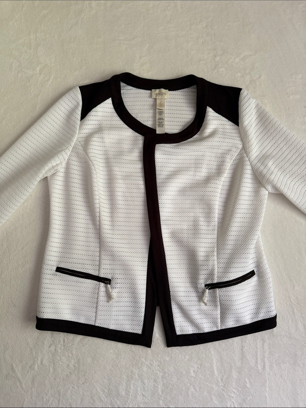 Chico's White Open-Front Jacket with Black Trim